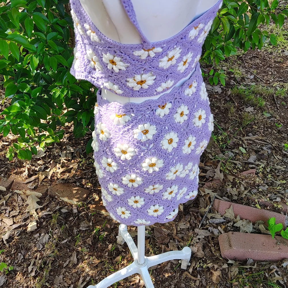 AKIRA SZ M CROCHET LAVENDER DAISIES TOP &MINI SKIRT SET FESTIVAL BOHO - Picture 3 of 7